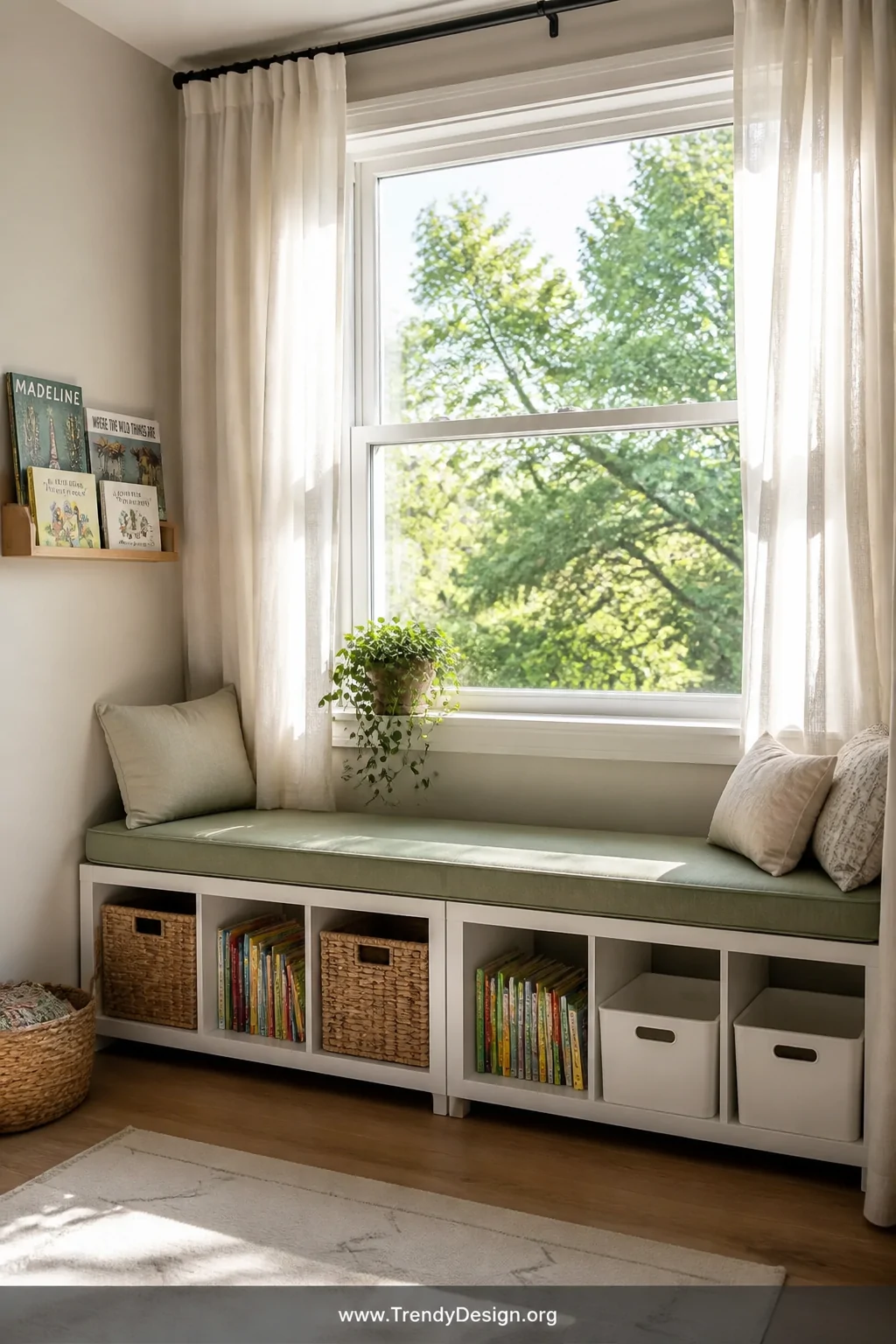 Medium photorealistic interior shot of a window seat reading nook created from two white IKEA KALLAX shelving units placed si