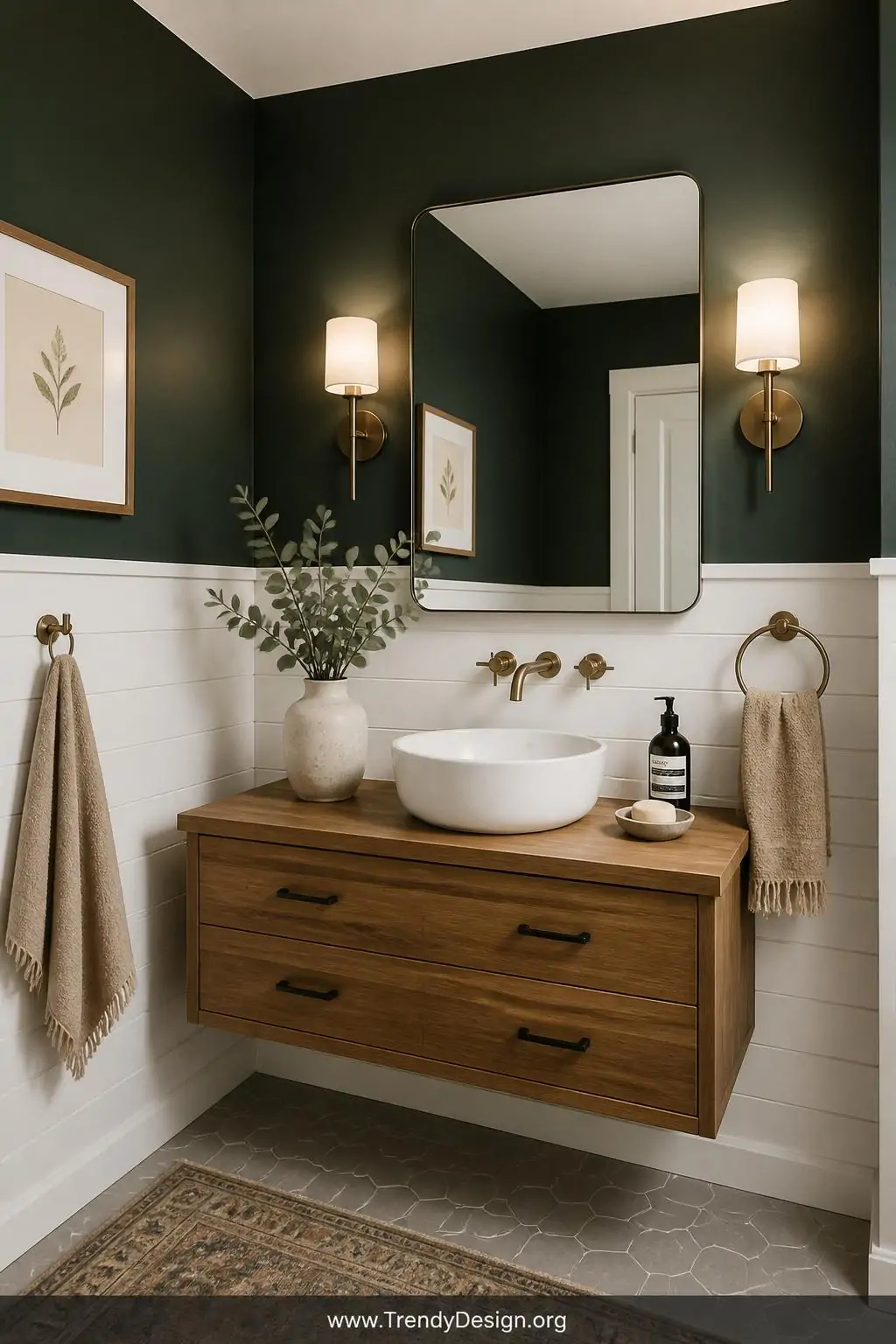 A medium photorealistic interior shot of a bathroom featuring a half-wall of white-painted horizontal shiplap paneling topped