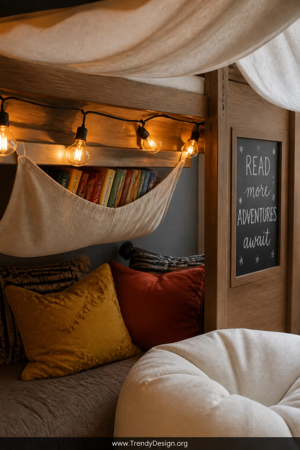Closeup detail shot of a bottom bunk reading nook fort with a cream linen fabric canopy draped softly overhead, a small fabri