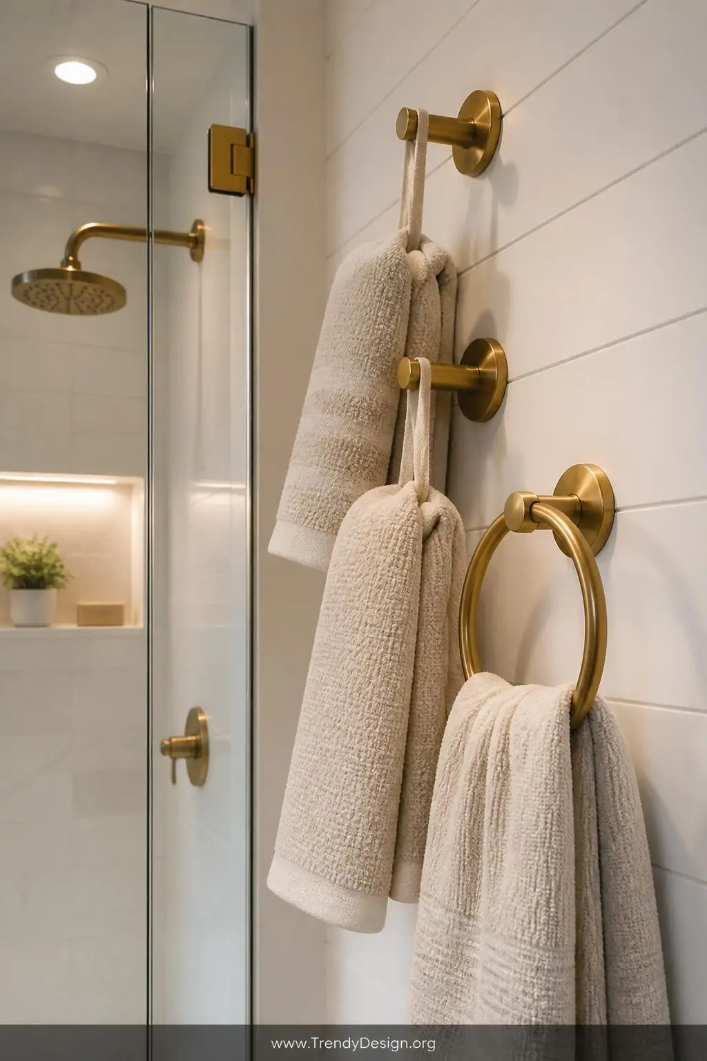 A photorealistic close-up shot of a polished brushed brass towel ring and two matching oversized hooks mounted in a staggered