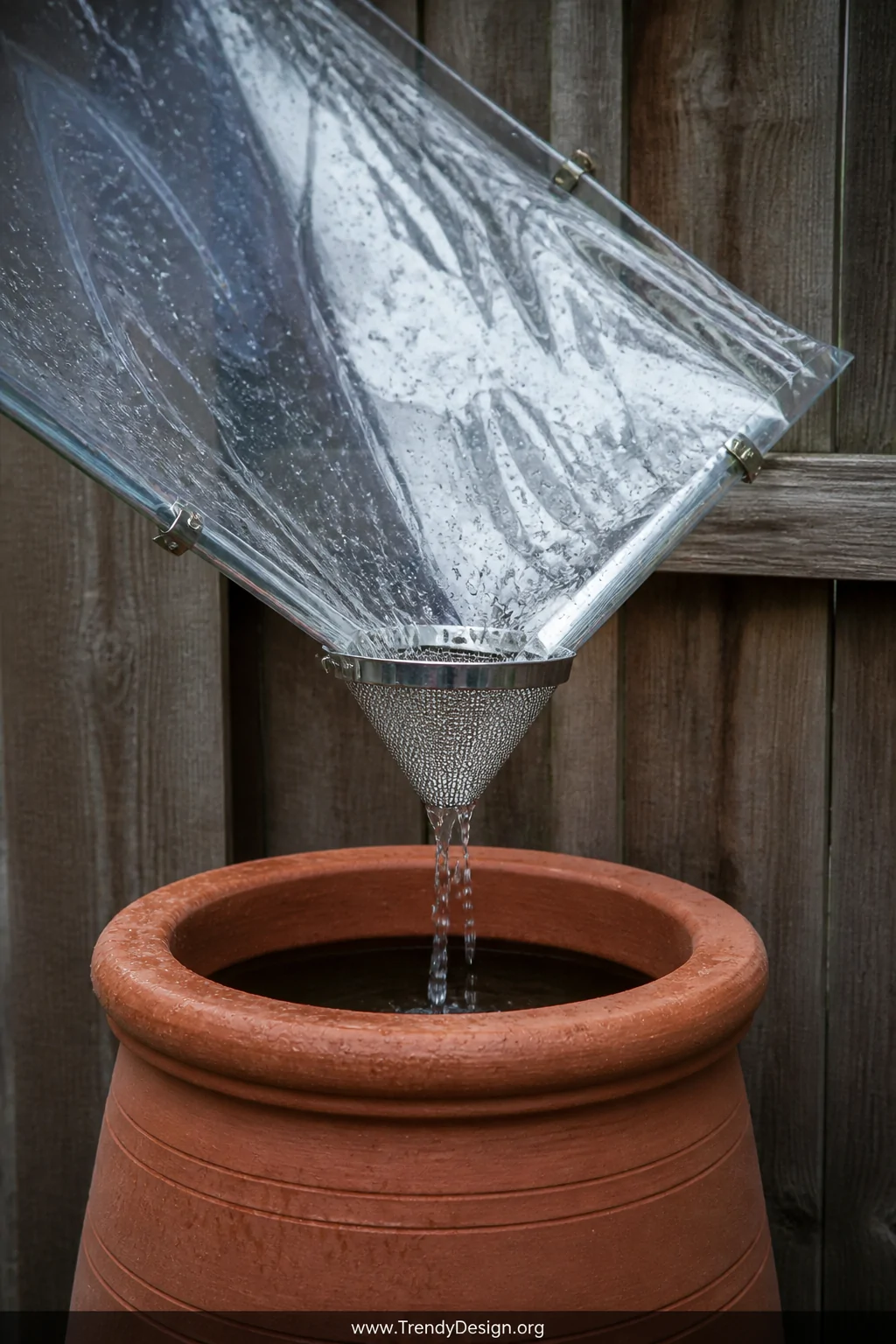 Detail/closeup shot of a sloped clear polyethylene tarp funneling rainwater into a large terracotta-colored collection barrel