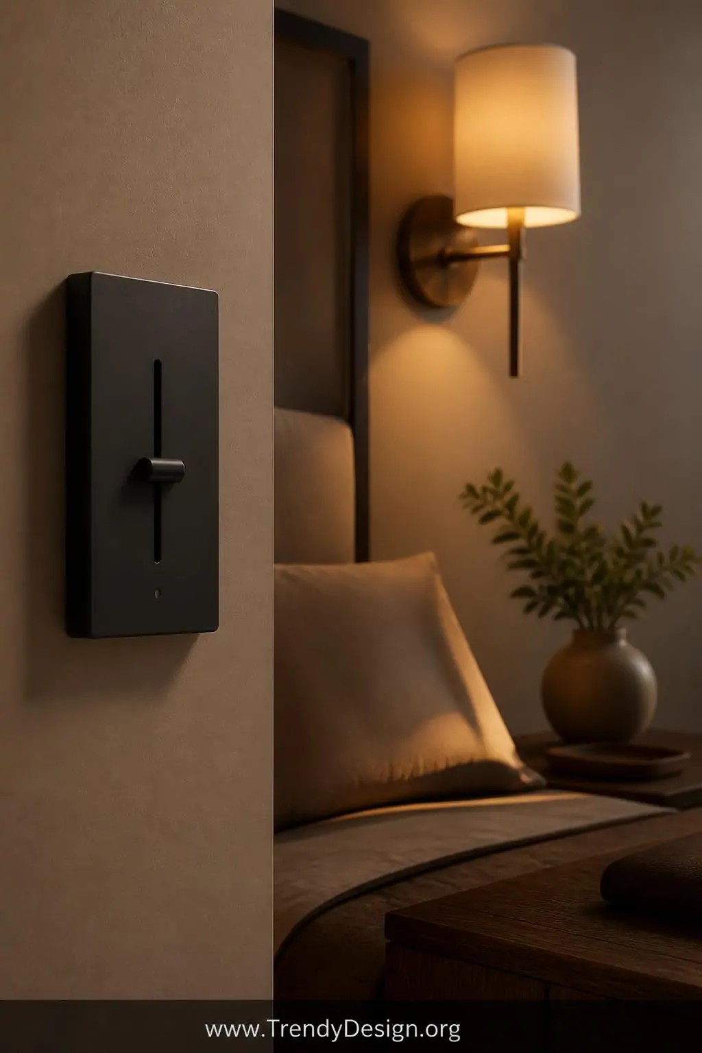 A closeup shot captures a matte black dimmer switch mounted on a warm taupe wall beside a bed, its sliding lever positioned m