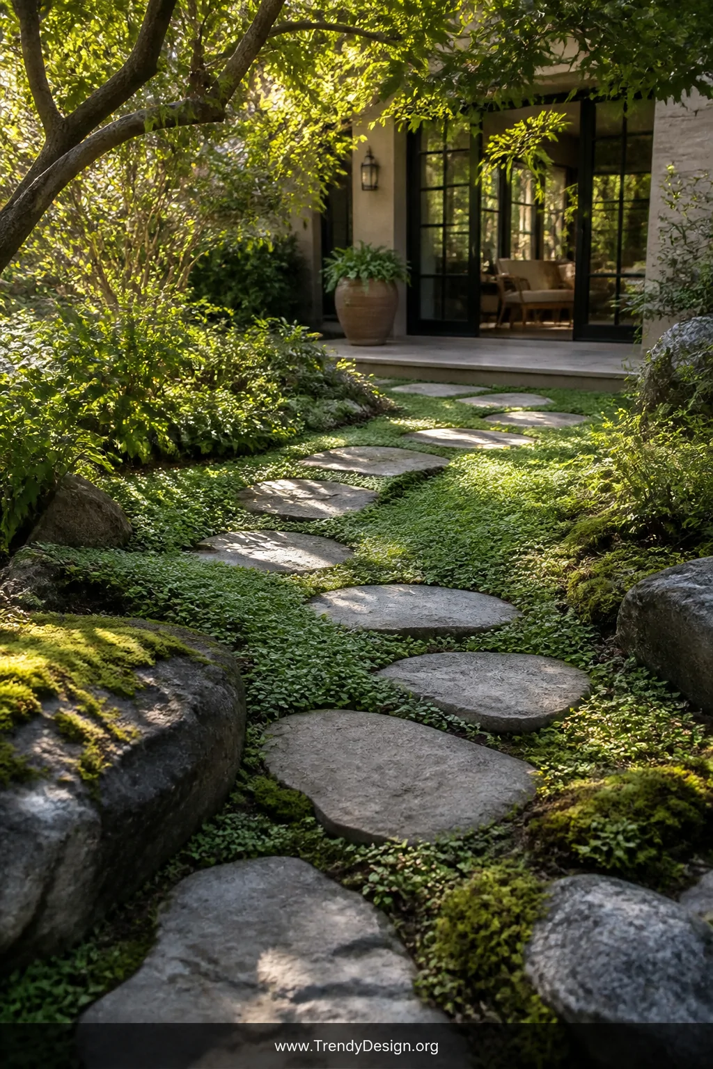 Wide photorealistic shot of a winding irregular flagstone stepping stone pathway leading through ground-level creeping thyme 