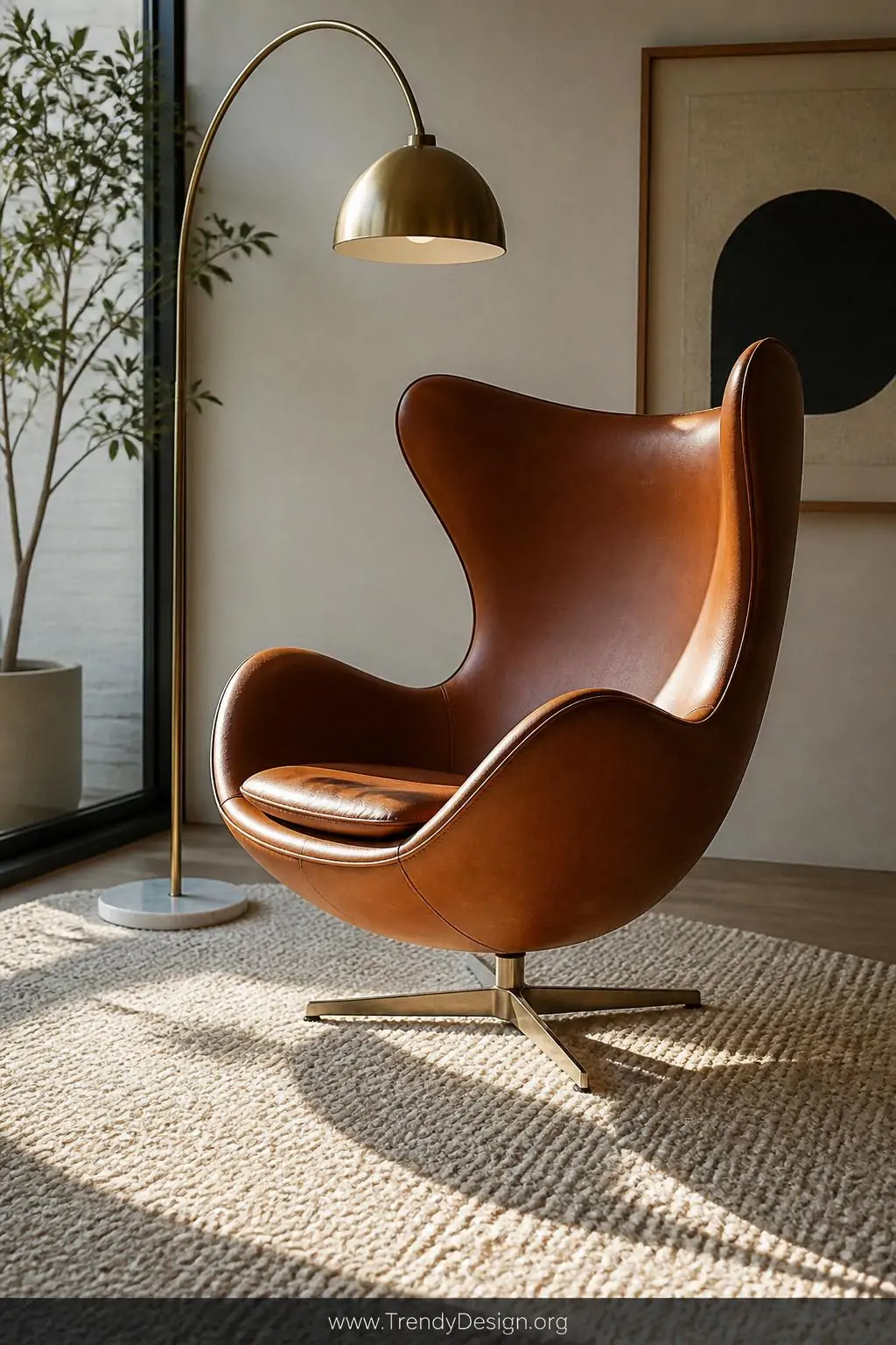 A sculptural egg chair in deep cognac leather sits in a sunlit corner beside a slim brass arc floor lamp, its curved cocoon s