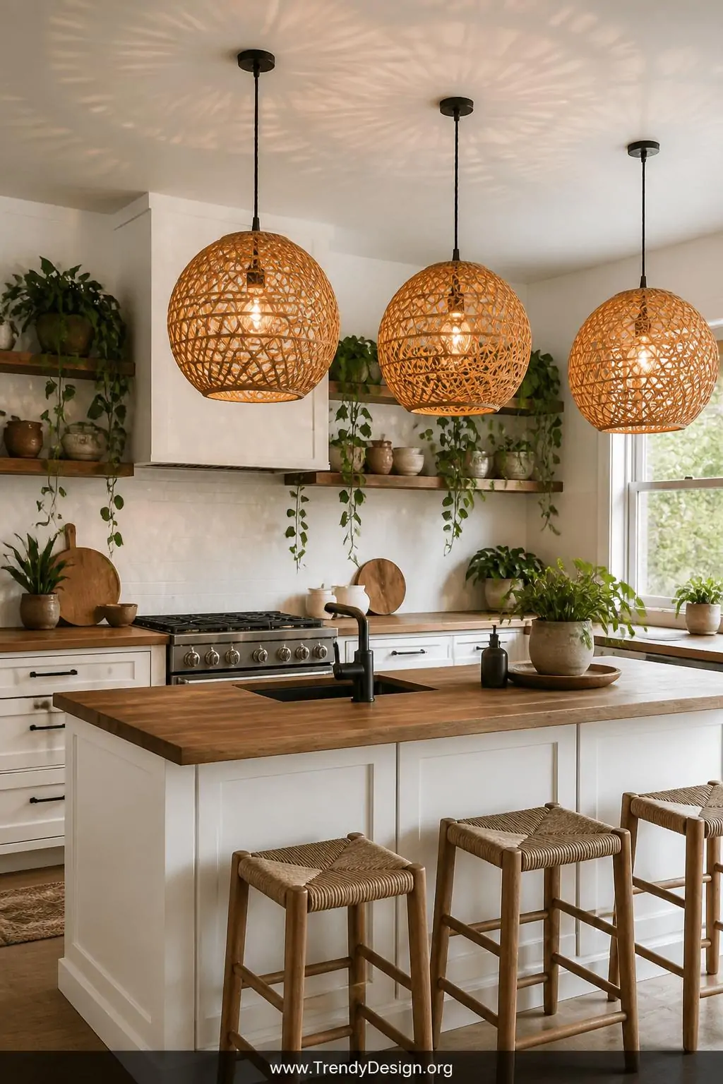 Medium photorealistic interior design shot of a bright boho kitchen with white shaker cabinets, warm teak wood countertops, a