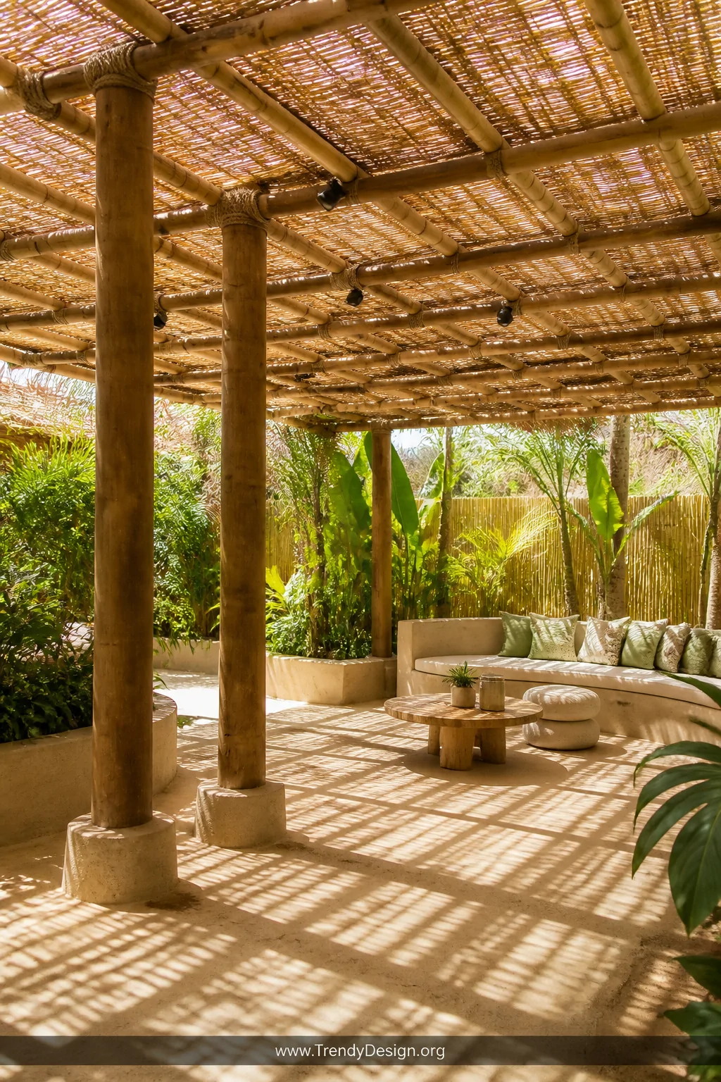 Wide photorealistic shot of a tropical-style backyard shade structure built from thick bamboo vertical poles lashed with natu