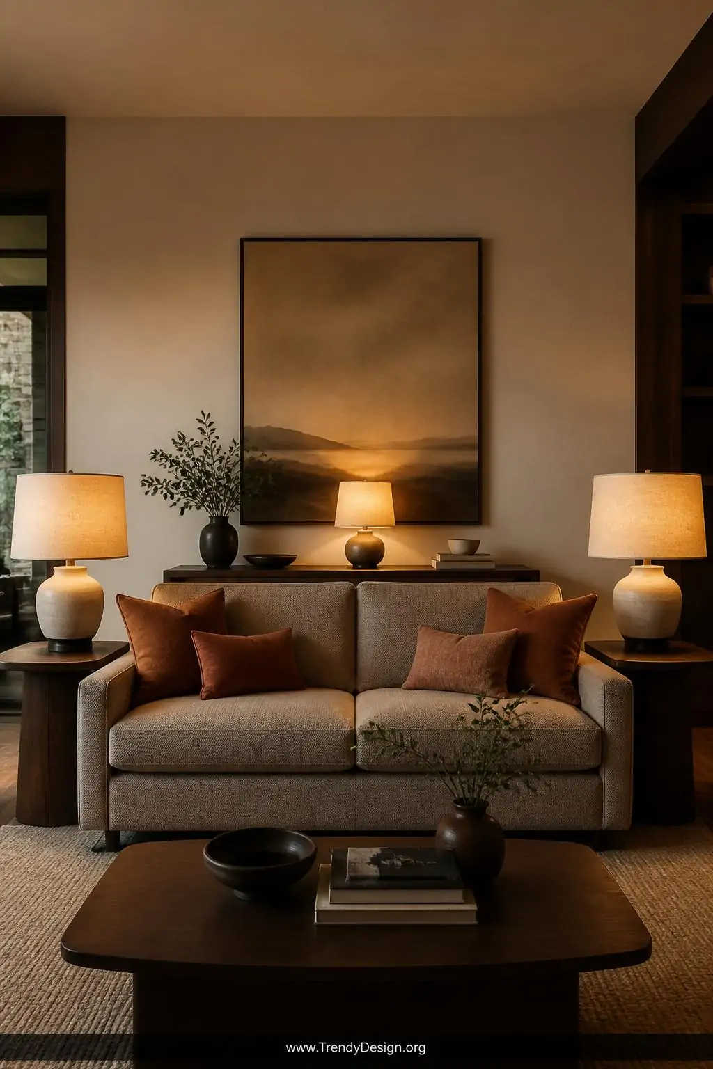 Medium shot of a symmetrically styled sofa vignette flanked by two warm-glowing linen-shaded table lamps on matching walnut e