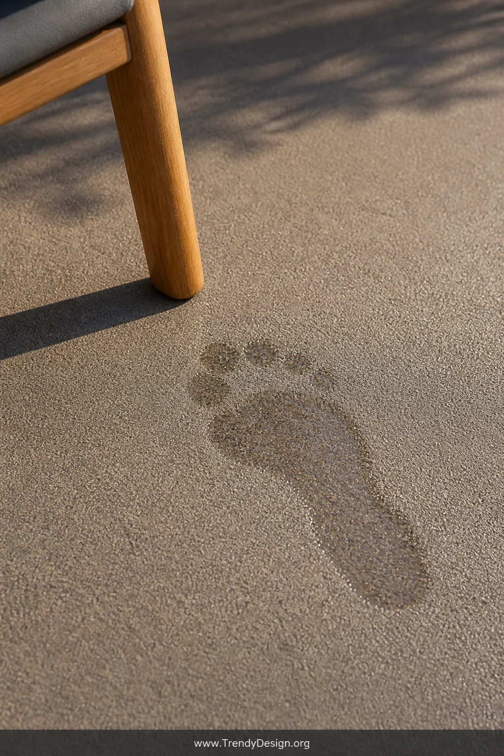 Close-up detail shot of a textured decorative deck coating surface in warm slate gray, showing the fine sand-particle texture