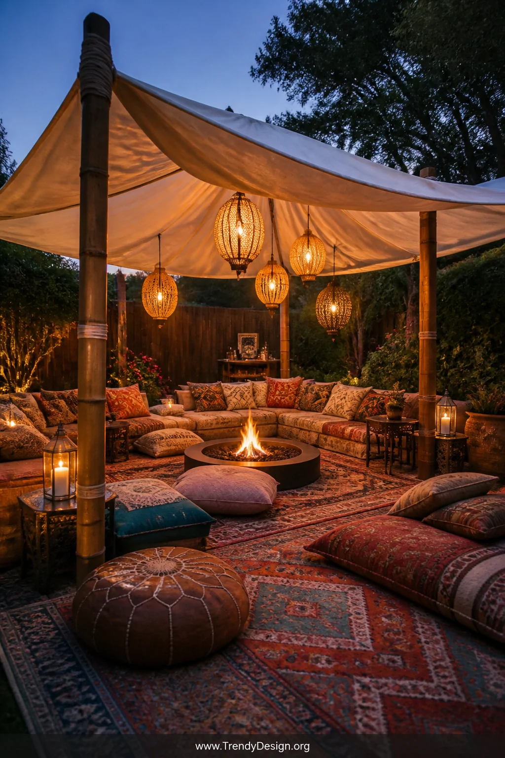 Wide photorealistic shot of a bohemian backyard canopy shelter built from four natural bamboo poles supporting a draped weath