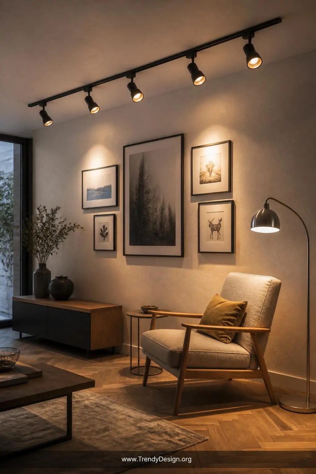 Medium photorealistic interior design shot of a contemporary living room featuring a minimalist matte black linear track syst