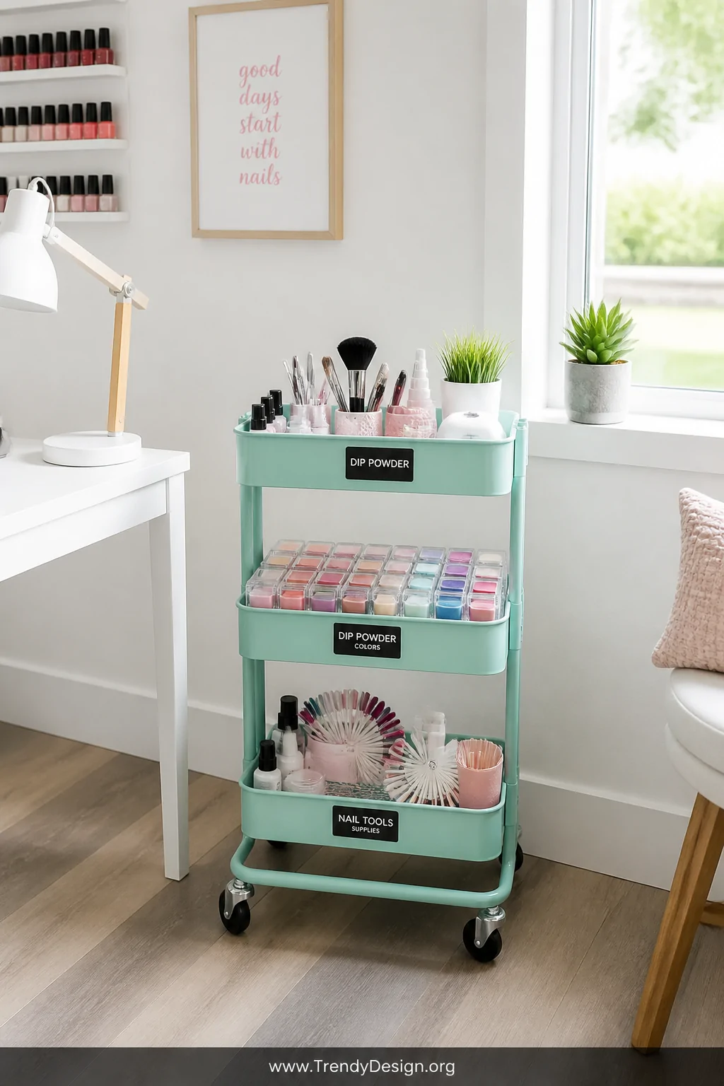 A wide room shot of a mint green IKEA RÅSKOG rolling utility cart styled as a nail station in a bright white room, three wire