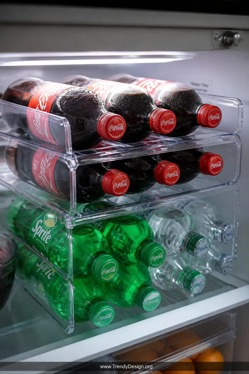 An open refrigerator interior glows with cool white LED light revealing pristine clear stackable fridge rack dispensers loade