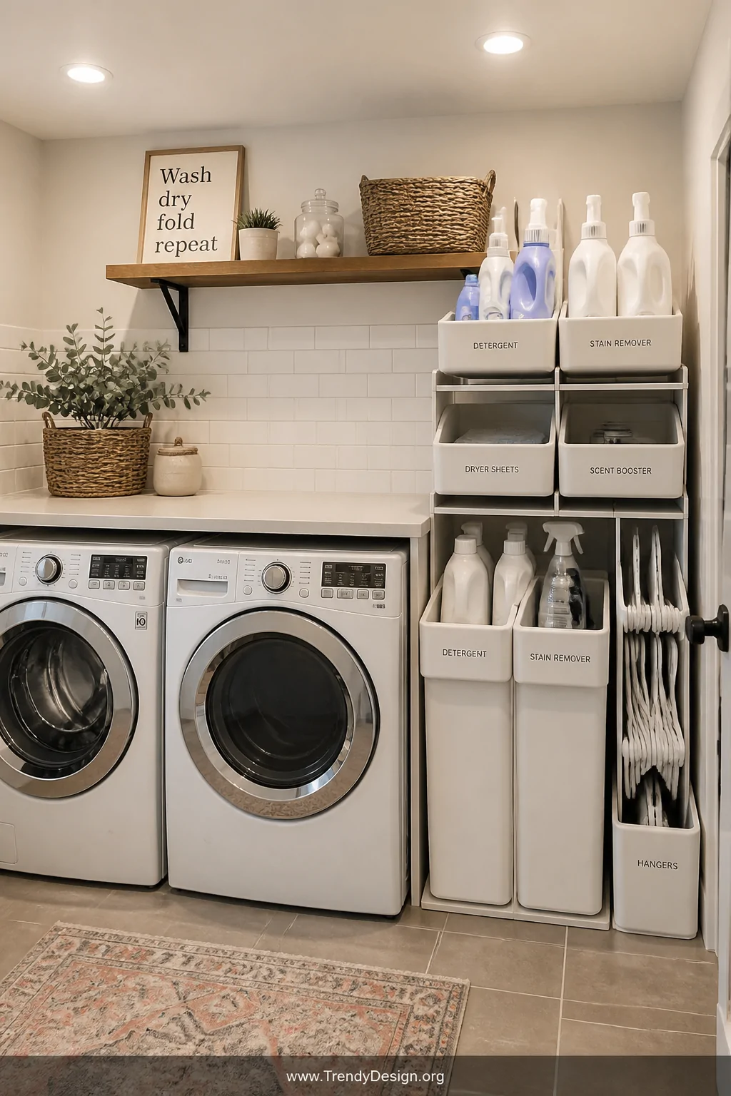 Medium-wide photorealistic shot of a clean laundry room with a white front-load washer and dryer duo beside a modular stackin