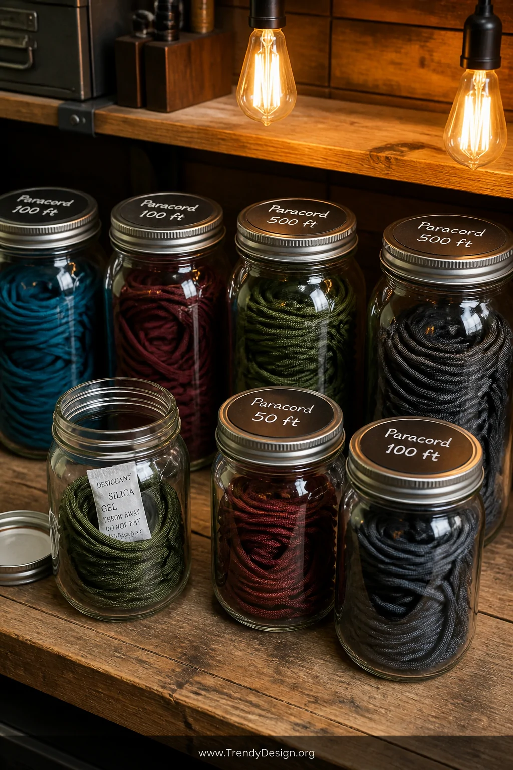 Detail closeup of a wooden workbench shelf lined with neatly arranged clear wide-mouth mason jars in pint and quart sizes, ea