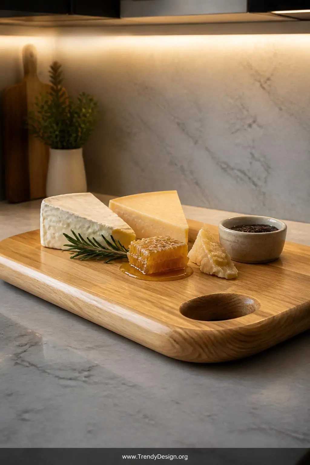 Close-up photorealistic kitchen counter shot of a finished wooden serving board made from a wide pale ash scrap plank with sm