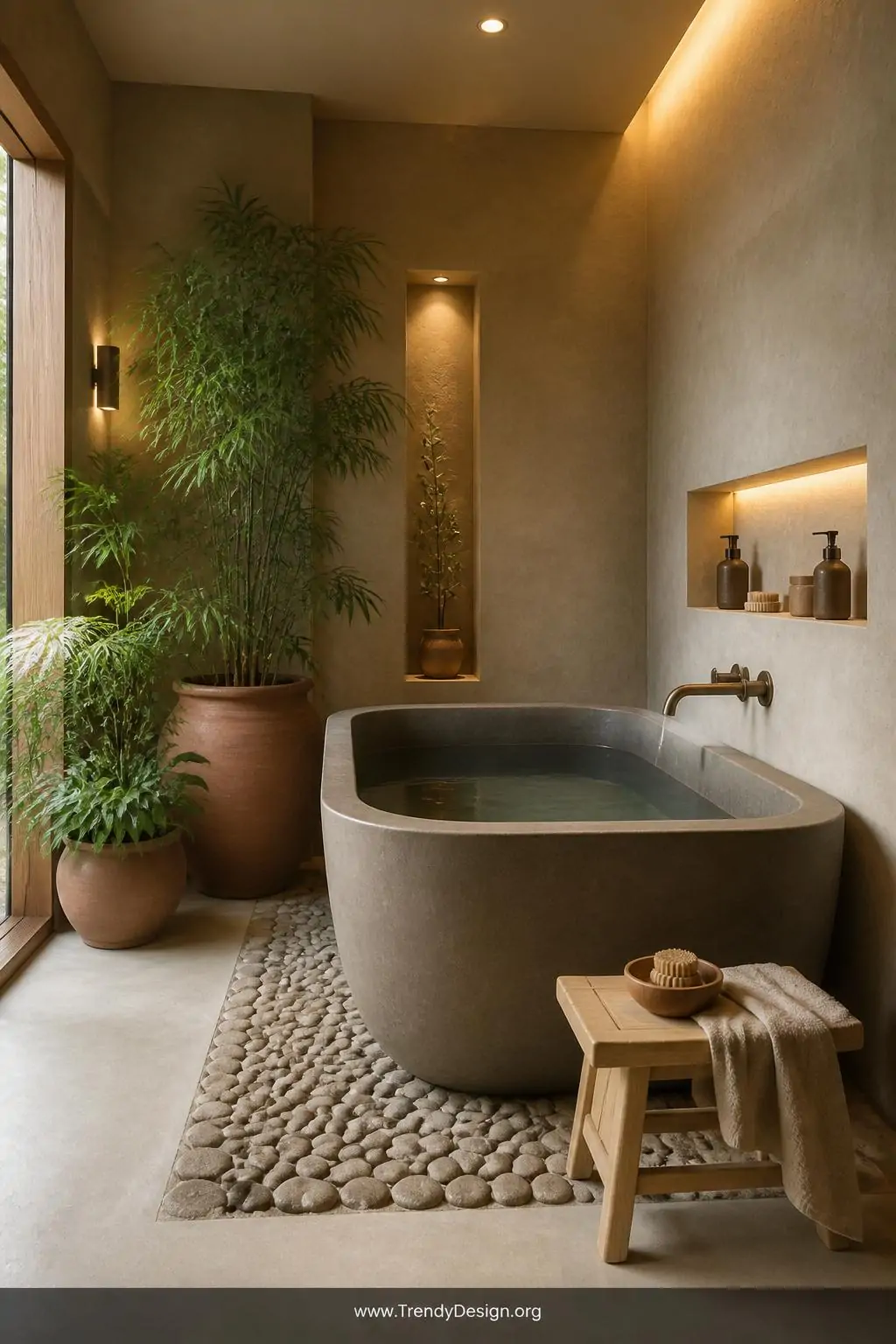 Wide shot of a tranquil zen-inspired bathroom featuring a deep compact Japanese soaking tub in warm stone-gray resin position