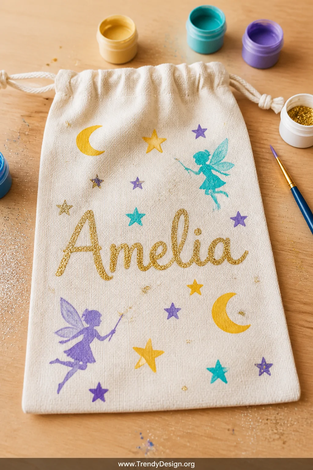 Close-up detail shot of a flat-laid plain natural muslin drawstring pouch on a light wooden craft table, decorated with hand-