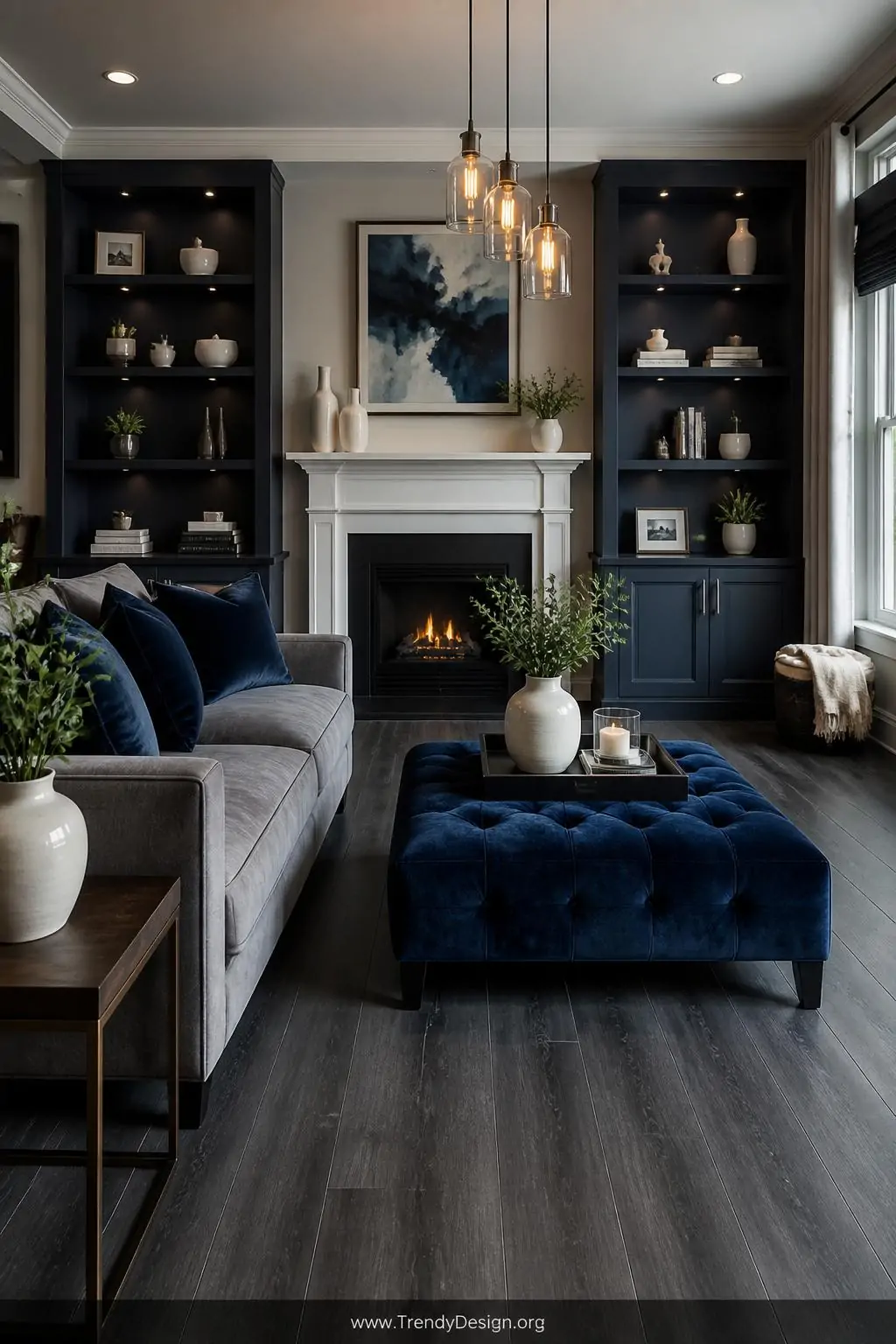 Wide photorealistic interior shot of a dramatically sophisticated living room with cool charcoal grey wood-effect floors and 