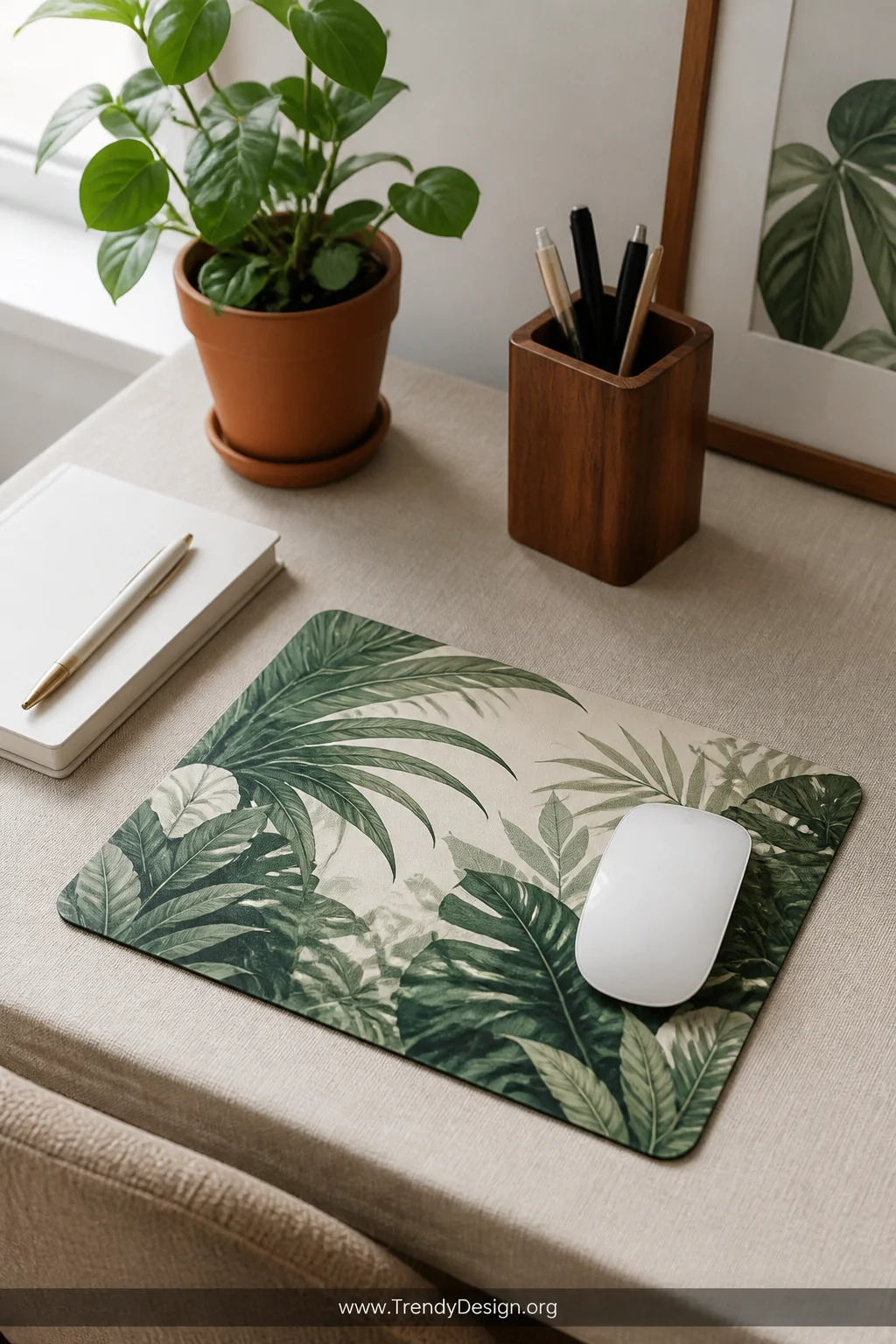 A medium shot of a neutral linen-toned desk surface featuring a botanical mousepad with lush tropical leaf illustrations in d