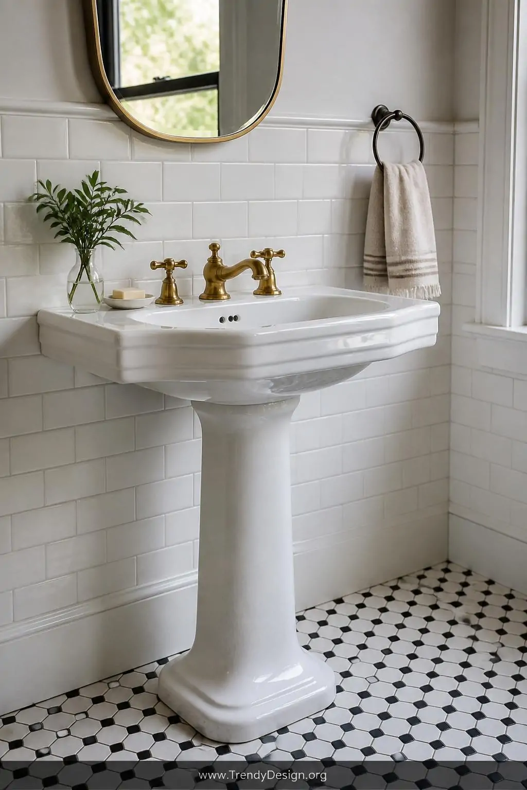 A medium-shot photorealistic interior design photograph of an elegant white porcelain pedestal sink with unlacquered brass cr