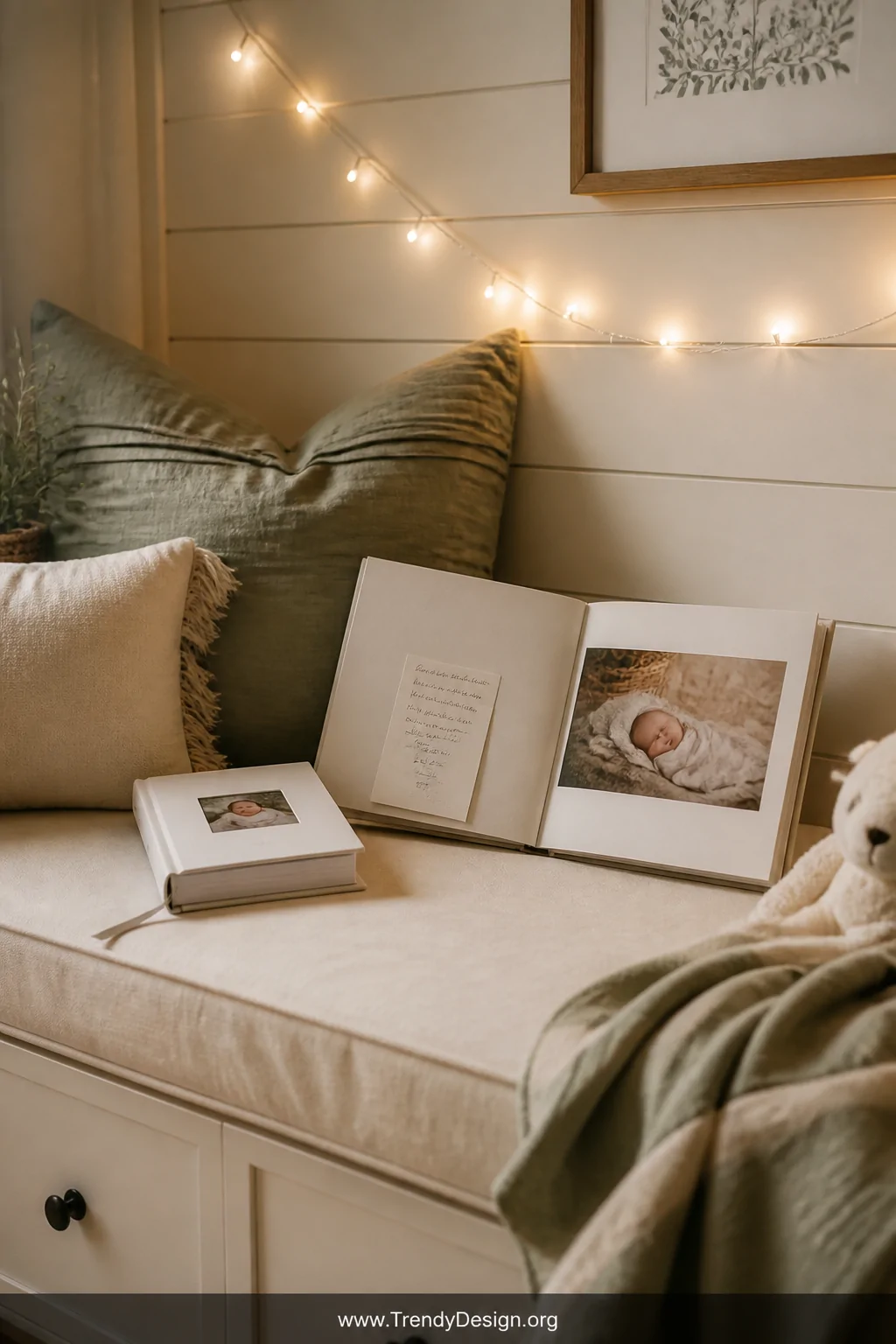 A wide shot of a cozy nursery reading nook with a small white photo album and a custom hardcover photo book open on a cream l