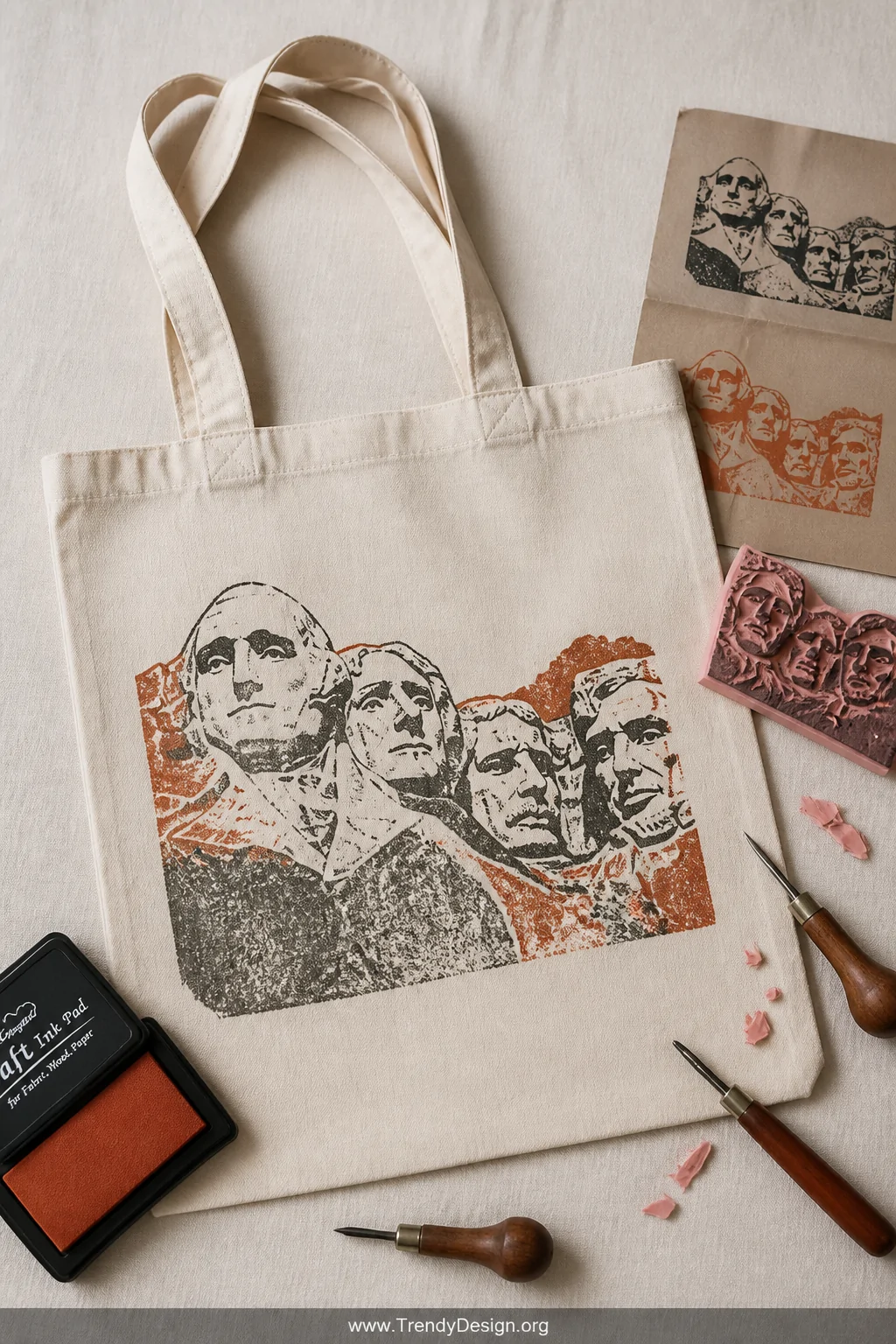A medium shot of a flat-lay styled scene on a light linen surface showing a plain canvas tote bag stamped with a hand-pressed