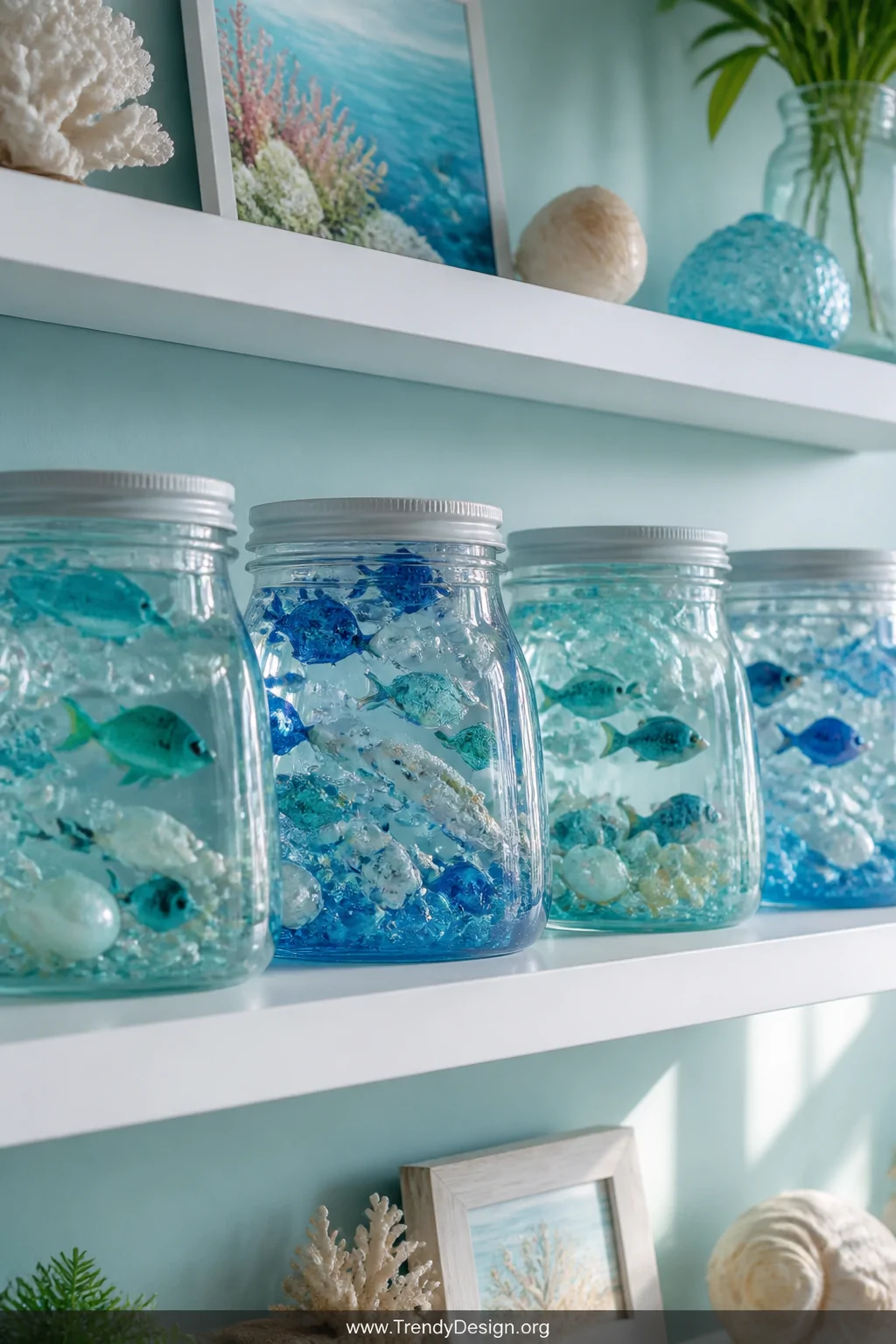 A wide styled shelfscape showing multiple clear wide-mouth glass jars of aquarium slime in blue and teal tones with miniature