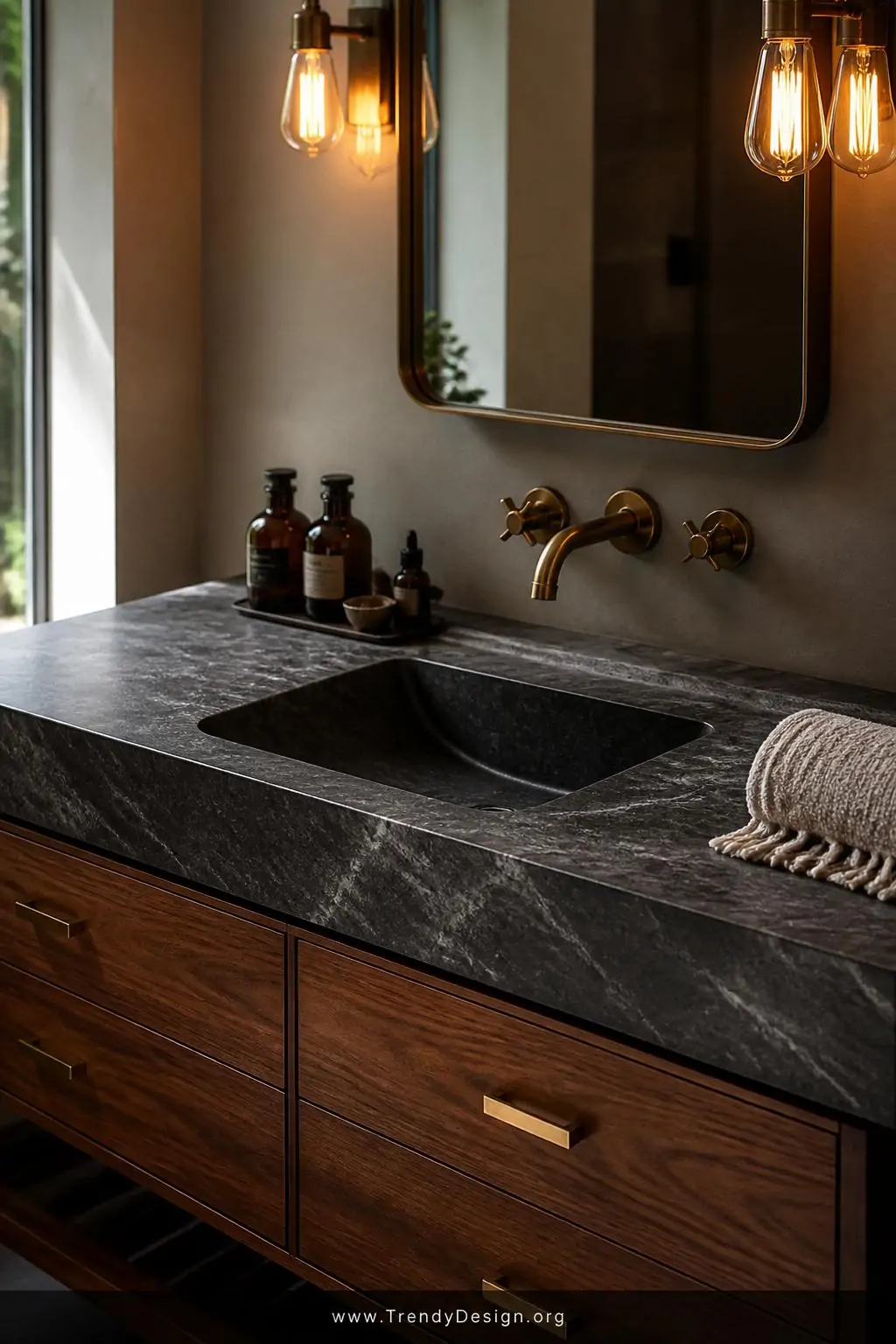 Medium photorealistic interior design shot of a thick soapstone countertop slab with deep charcoal-grey tones and subtle silv