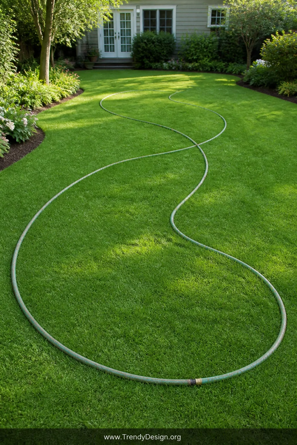 A lush green backyard lawn with two curving old garden hoses laid out in a sweeping S-shaped figure-eight racing circuit boun