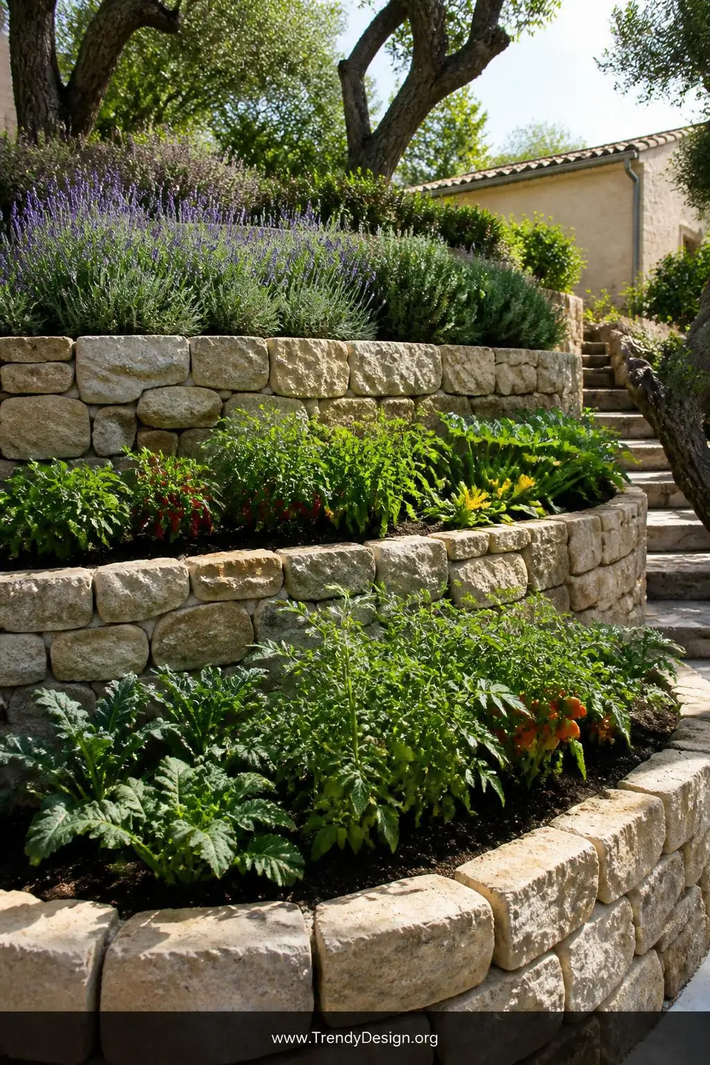 A wide photorealistic shot of a dramatic multi-tiered terraced raised garden cascading down a sloped yard in three distinct s
