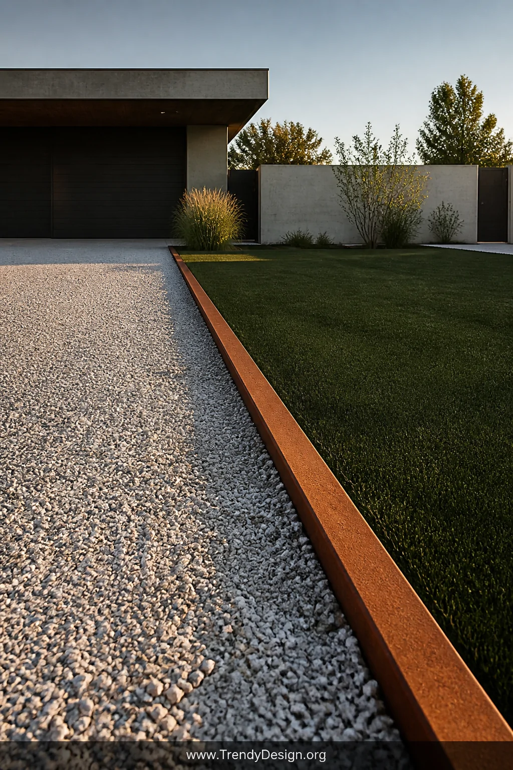 A wide shot of a sleek modern driveway edged with thin corten steel strips developing a rich reddish-brown patina, razor-shar