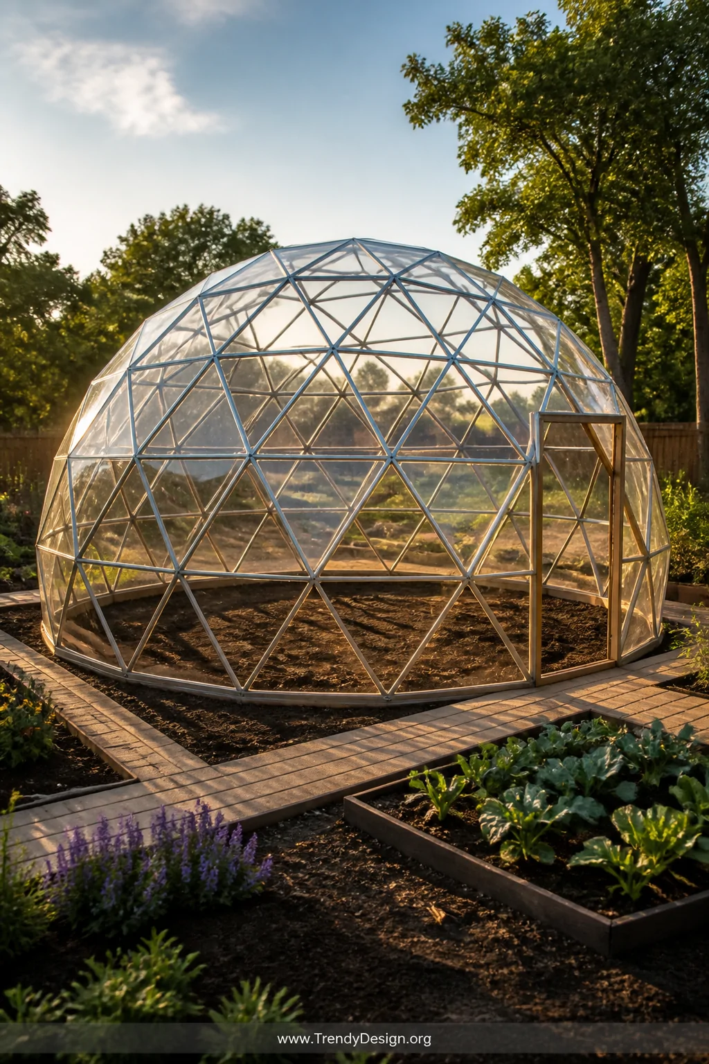 Wide exterior shot of a striking geodesic dome hoop house in a home garden, triangular aluminum framing forming a perfect dom