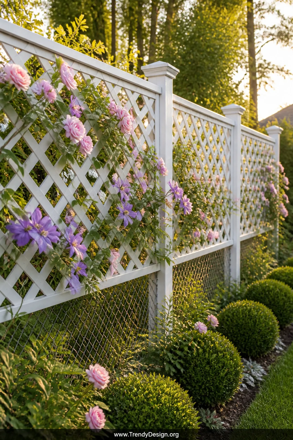 A wide backyard garden scene featuring a white vinyl lattice topper mounted above a chain link fence baseline, climbing pale 