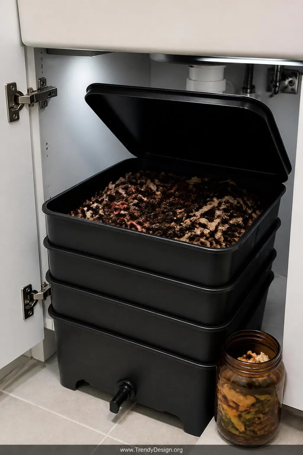 A compact stackable worm bin in matte black plastic sits neatly beneath a white kitchen sink cabinet on a clean tile floor, i