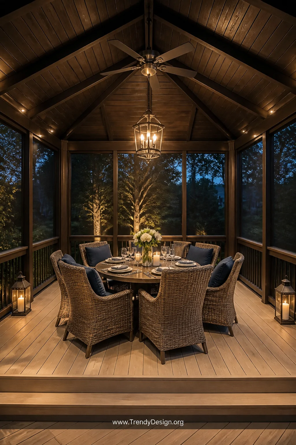 A wide photorealistic interior shot of a screened-in gazebo with full-length fiberglass mesh panels on every side, a solid da