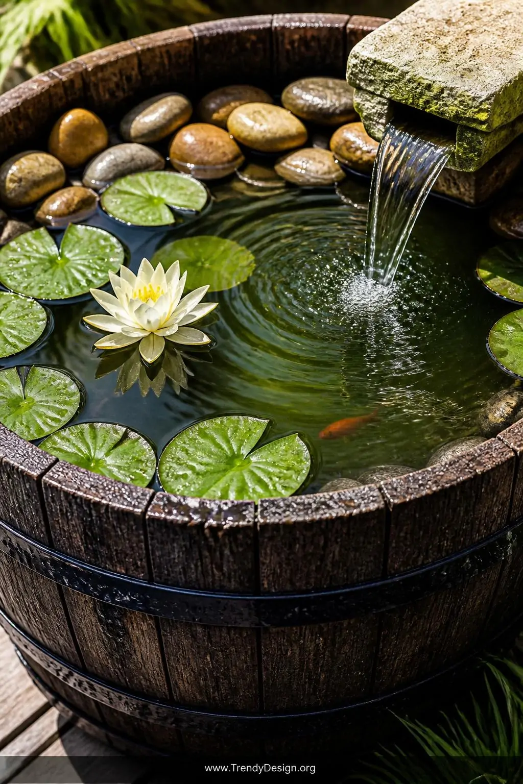 Close-up photorealistic shot of a compact half wine-barrel pond, its weathered dark oak staves banded in aged black iron, fil