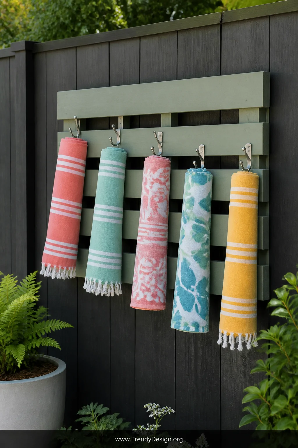 A medium shot of a weathered wooden pallet mounted horizontally on a charcoal-stained privacy fence, sanded smooth and painte