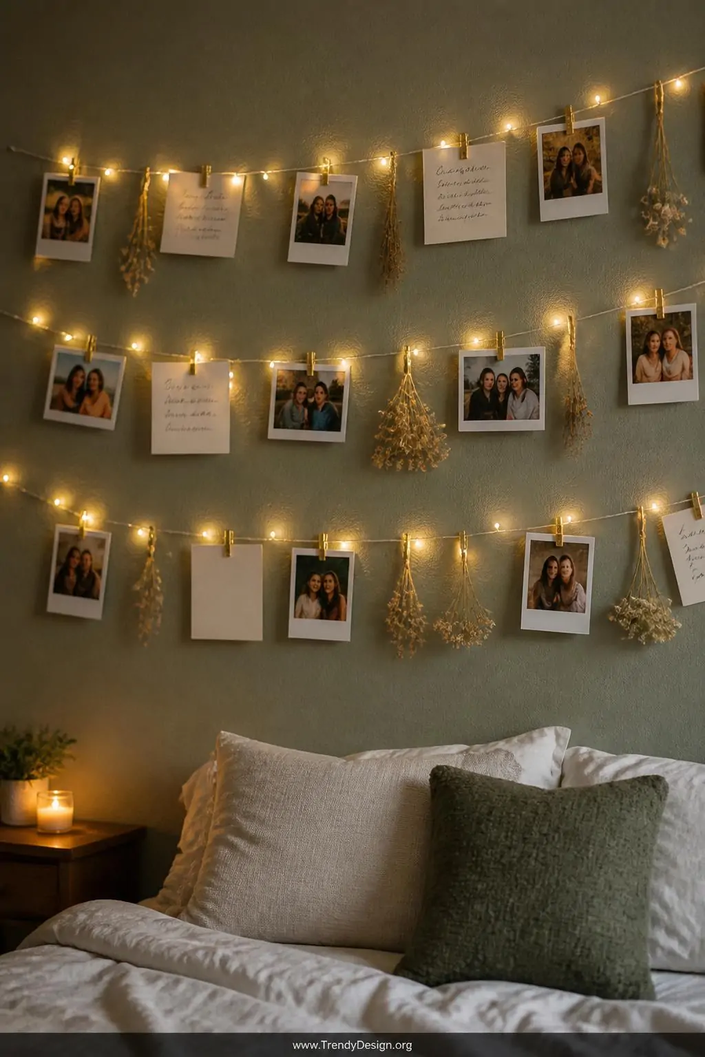 Medium shot of a bedroom wall covered in a horizontal string of warm white fairy lights hung with tiny brass clothespins hold