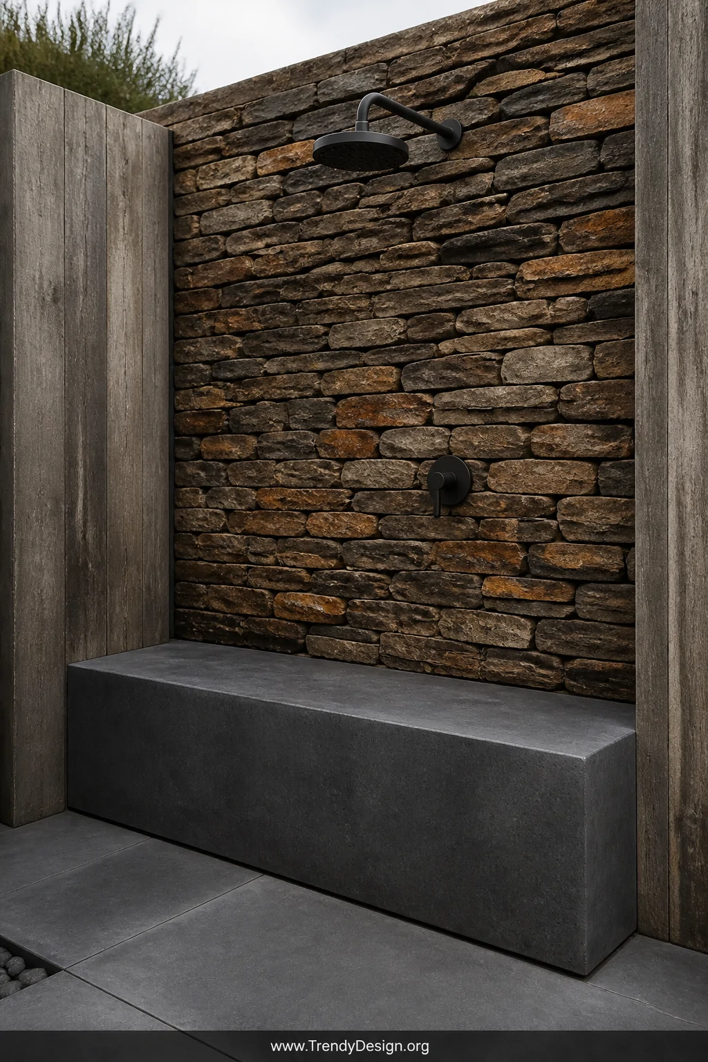 Medium shot of a raw concrete outdoor shower bench with a smooth honed surface in cool charcoal grey, positioned against a ba