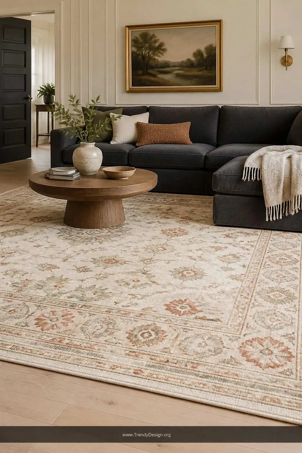 A wide-shot photorealistic interior where a large ivory and warm beige patterned area rug with woven terracotta and sage gree