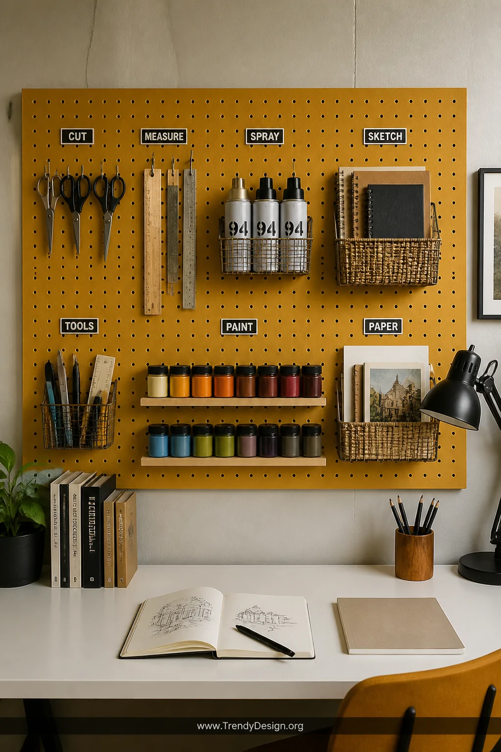Medium shot looking straight at a bold mustard-yellow pegboard mounted above a white desk, fitted with uniform metal hooks an