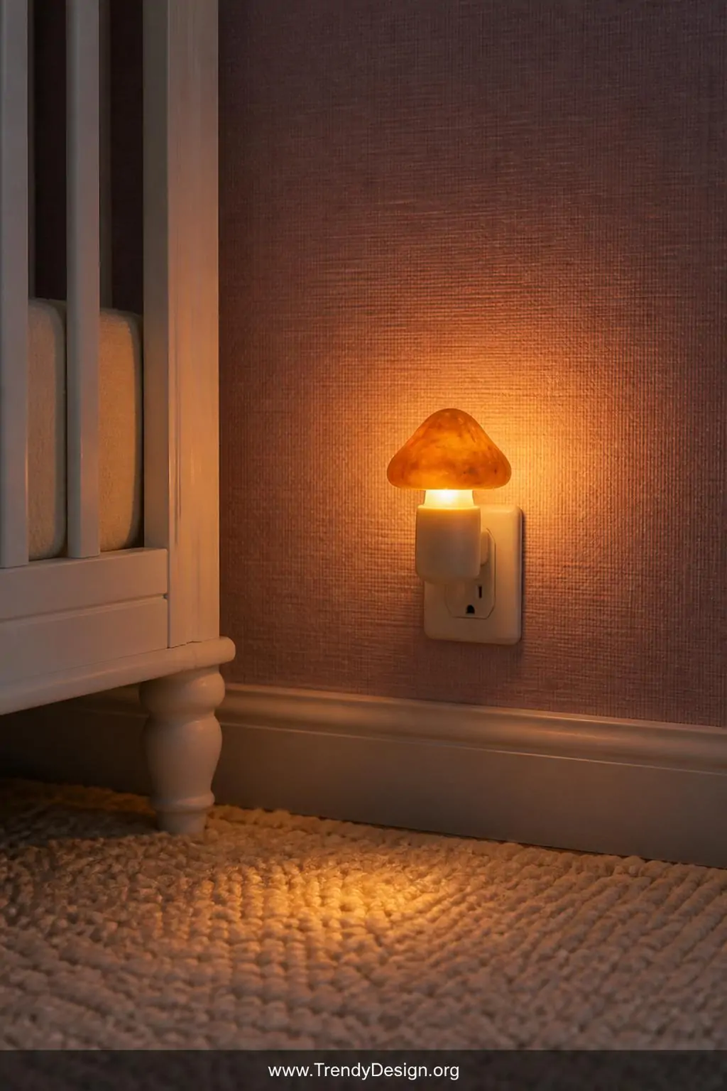 Close-up photorealistic image of a small amber mushroom-shaped plug-in night light glowing against a soft lilac nursery wall,