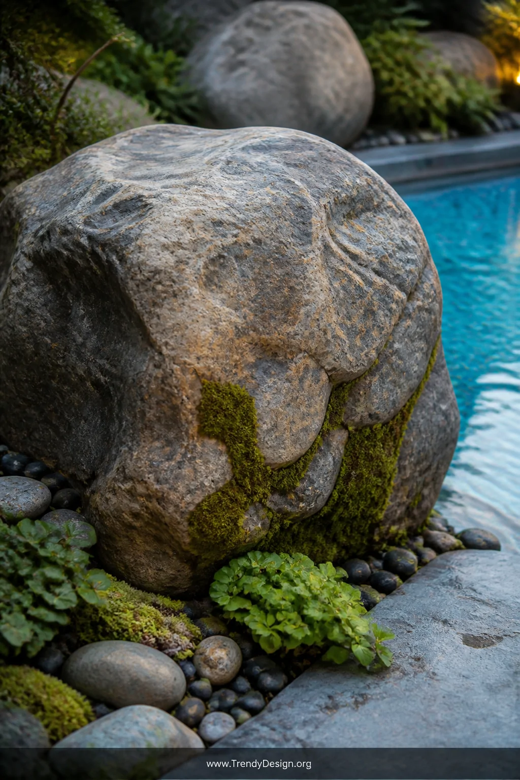 A photorealistic detail closeup of a large faux boulder cover in mottled gray and warm brown tones sitting naturally among la
