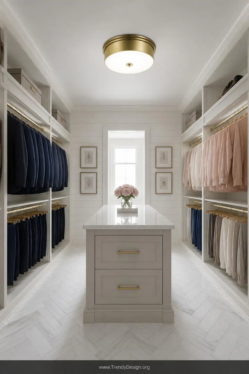 Wide shot of a spacious walk-in closet with a brushed brass semi-flush mount ceiling fixture casting 1000 lumens of crisp day