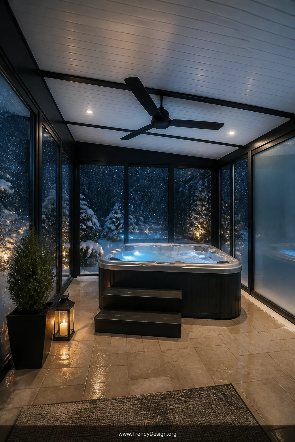 Wide photorealistic interior shot of a four-season glass-enclosed hot tub shed at night with double-glazed floor-to-ceiling t