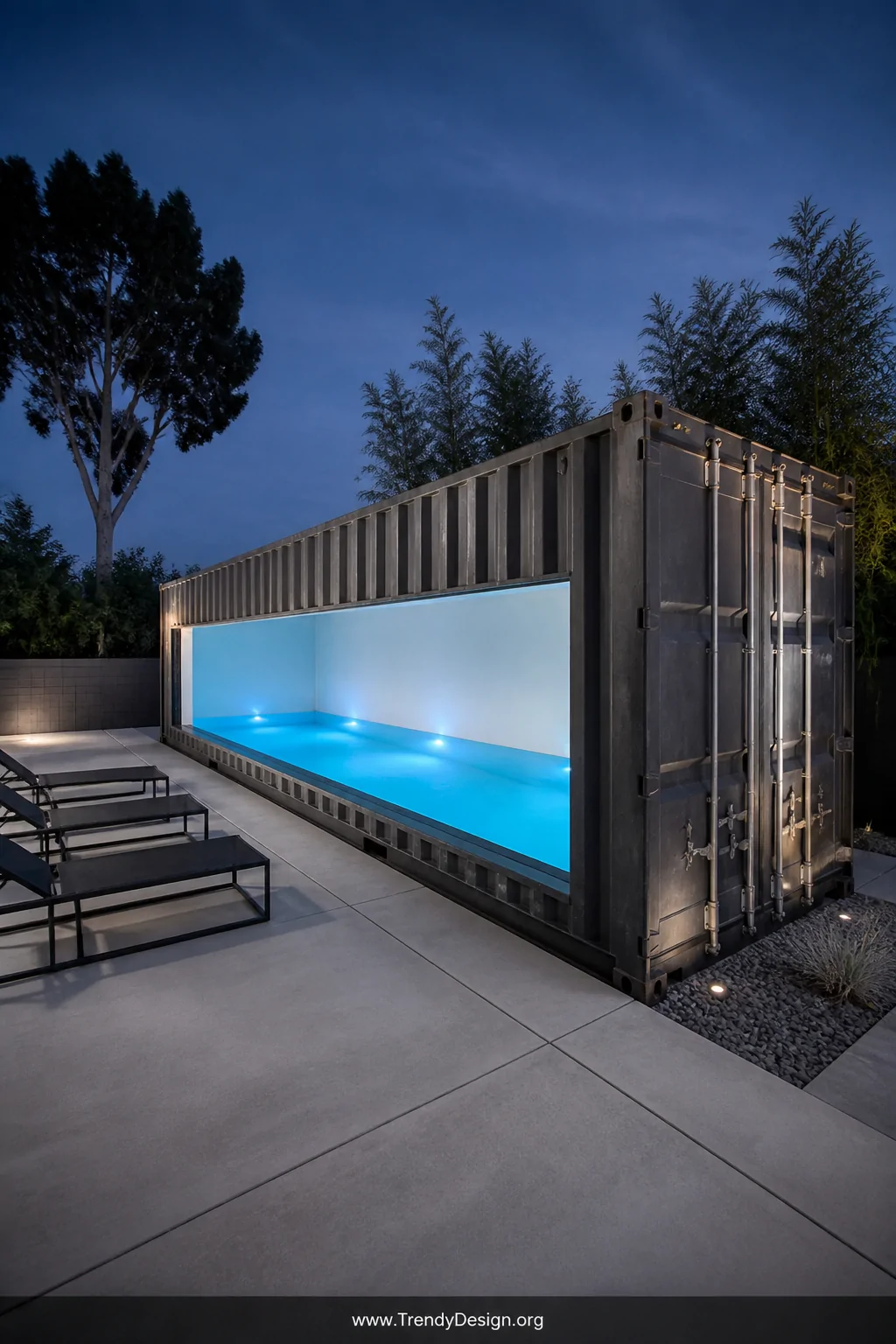 Wide shot of a weathered dark charcoal 40-foot shipping container pool in a minimalist concrete-paved backyard, interior coat