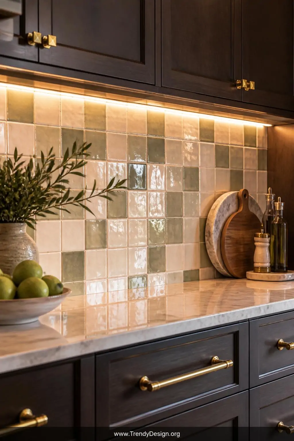 Close-up photorealistic kitchen shot capturing warm LED strip lighting glowing beneath dark espresso cabinets, illuminating a