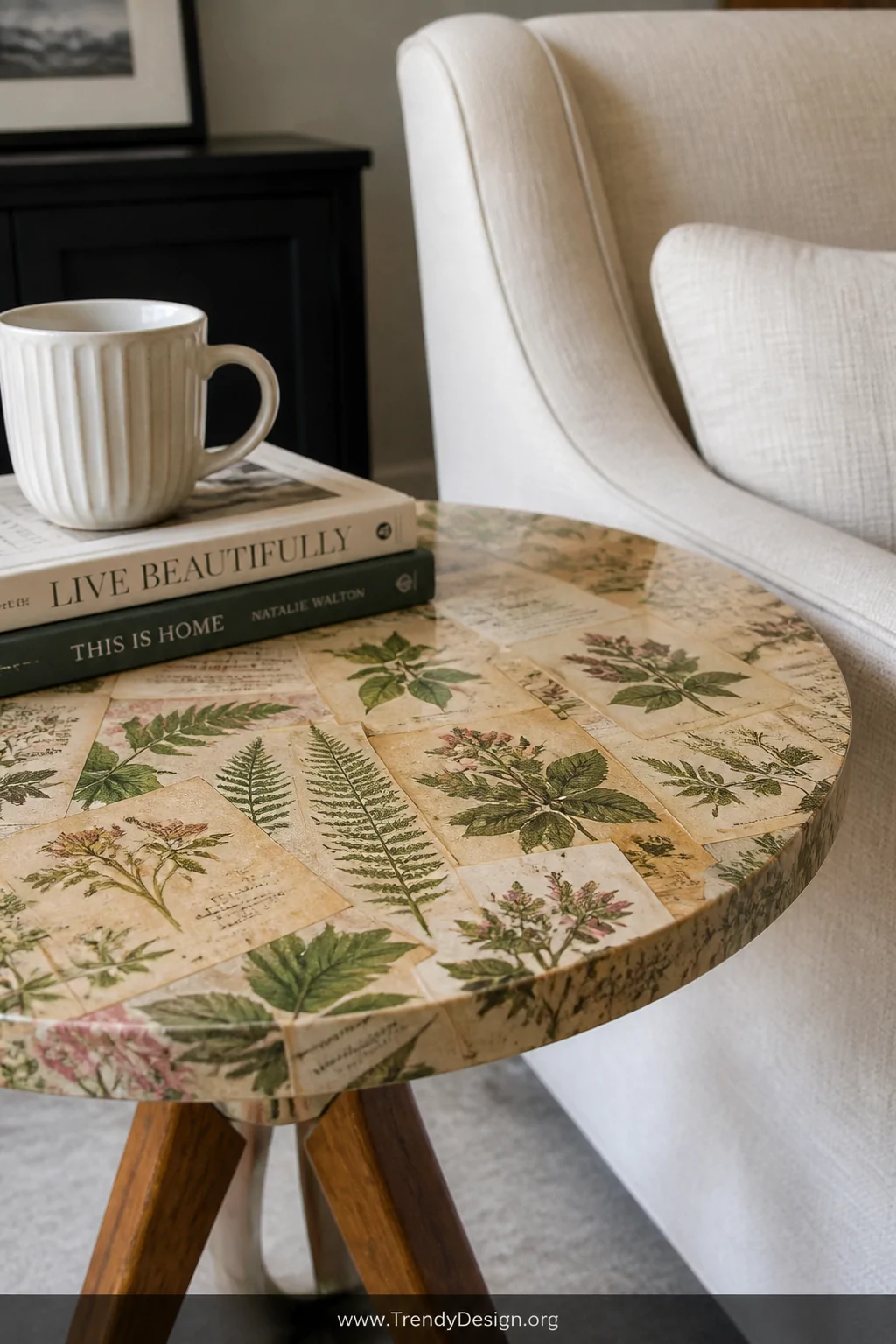 A detail shot of a small accent table surface completely covered in overlapping vintage botanical print decoupage paper in so