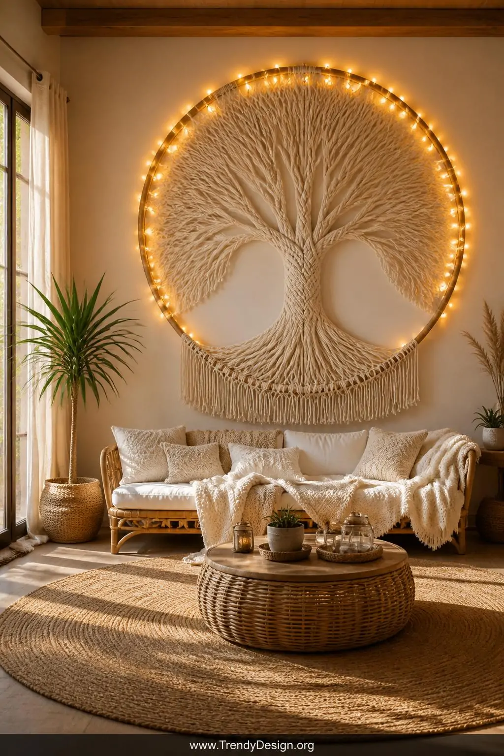 A wide shot of a sunlit boho living room featuring a large circular macramé Tree of Life wall hanging as the focal point abov