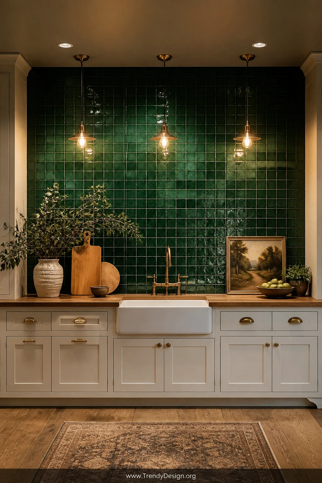 A wide dramatic kitchen shot centered on a full emerald zellige tile apron board feature wall with richly textured handmade t